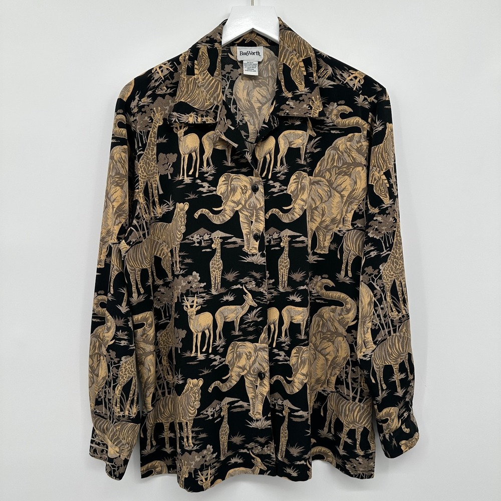 Vintage Safari Top Shirt Medium Oversize Button Up Jungle‎ Exotic Wildlife Indie